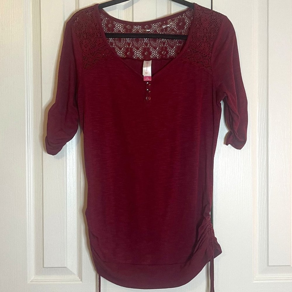 Maroon Scoop Neck Blouse with Lace Pattern Back & Cinched Sides